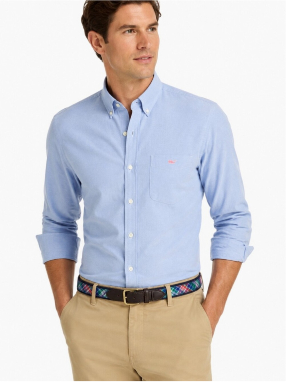 Vineyard Vines Madras Plaid Canvas Leather Belt Size 32 Made in USA